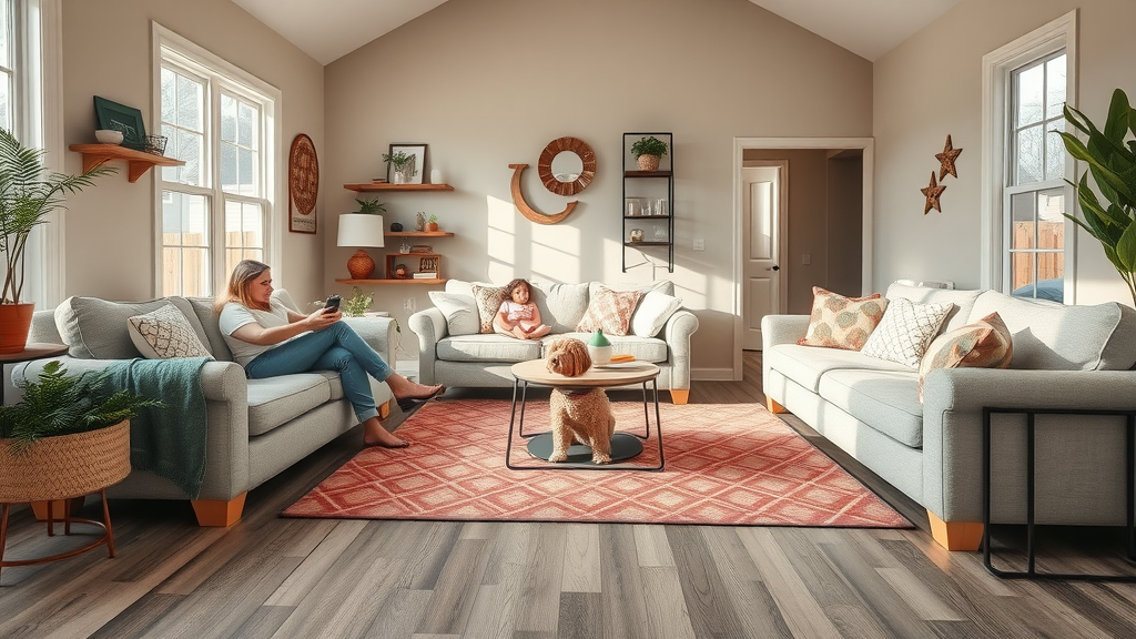 area rugs over vinyl plank flooring in cozy Columbia SC home, family relaxing