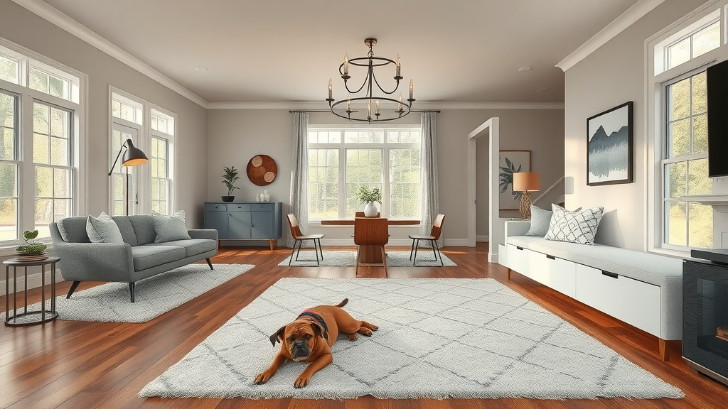 Hardwood flooring Columbia SC - Open-concept living area with hardwood floors, area rugs, and modern Columbia home décor with pet dog