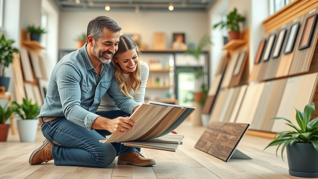 Smiling couple reviewing laminate flooring samples in Columbia SC showroom