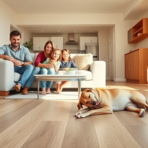 A family of four sits smiling on a couch in a bright, modern living room, while a relaxed dog lies on the wooden flooring in the foreground. Sunlight streams through large windows and new cabinets add to the cozy atmosphere.