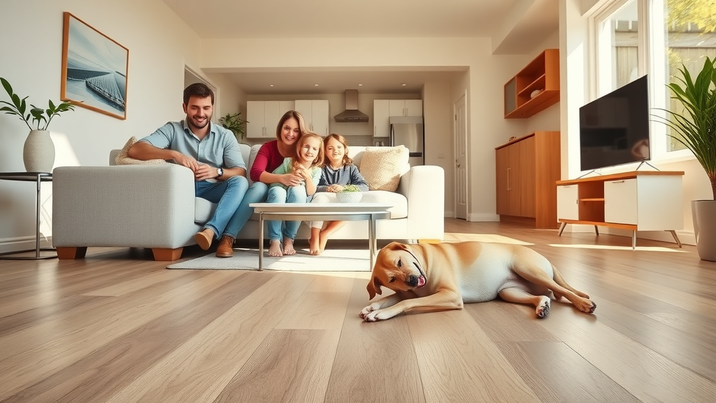 Spacious contemporary living room with laminate flooring and happy family in Columbia SC