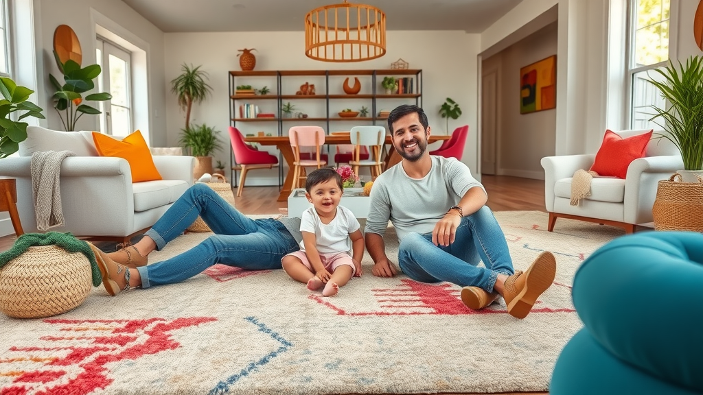 area rug columbia sc: joyful family lounging on modern rug in a vibrant living room, southern-inspired decor