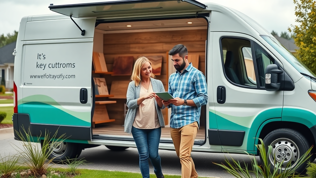 Hardwood flooring Columbia SC mobile showroom - Columbia homeowners browsing hardwood samples with flooring consultant outside branded van