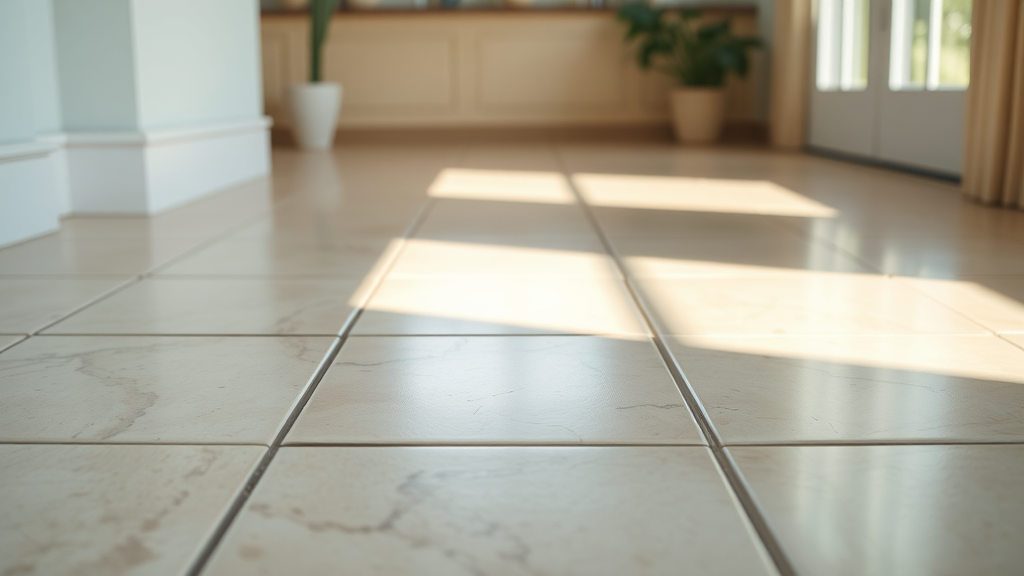 Close up of tile floor with clean grout in South Carolina home, tile flooring columbia sc, state tile, palmetto tile, garden state tile, natural stone