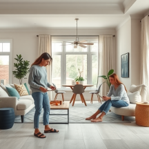 Two women relax in a bright, modern living room with large windows, houseplants, and contemporary furniture. One stands using her phone, while the other sits on a chair reading a tablet.