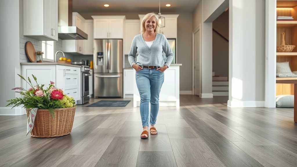 luxury vinyl flooring columbia sc: closeup in modern kitchen with stainless appliances, locally sourced flowers, satisfied homeowner
