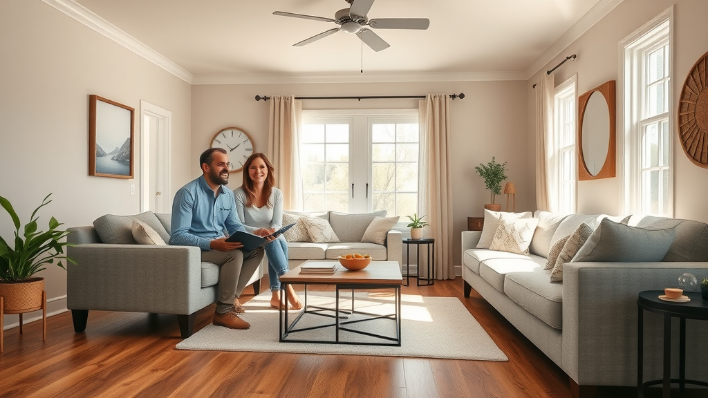 Hardwood flooring Columbia SC - Bright Southern living room with warm hardwood floors, modern furnishings, and natural sunlight streaming in South Carolina home