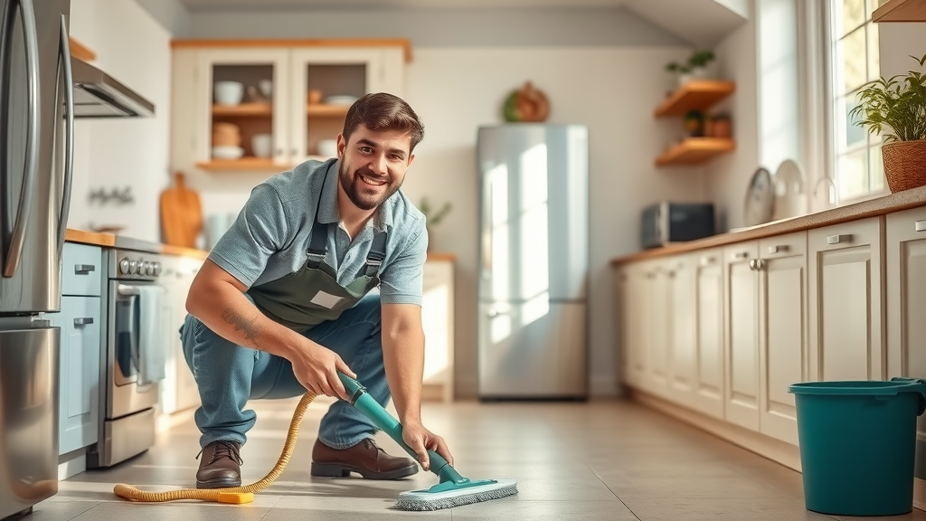 Friendly service technician performing tile maintenance in Columbia SC kitchen, tile flooring columbia sc, service center, home outlet, palmetto tile, tile center, maintenance, south carolina