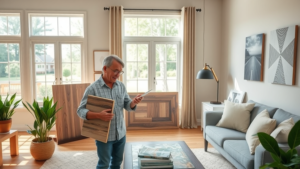 flooring options columbia sc: homeowner examining luxury vinyl, hardwood, tile samples in a bright Columbia SC living room, with large windows and greenery outside