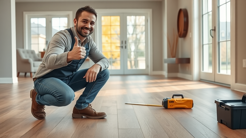 Confident flooring professional inspecting new installation in Columbia SC, modern living space, thumbs-up, tools and tape nearby, autumnal color tones.