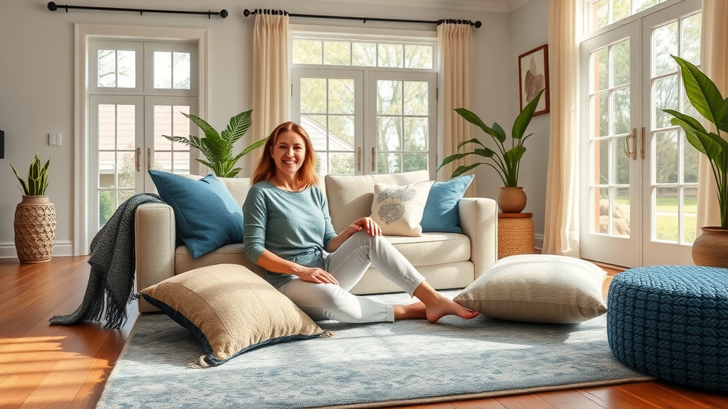 Stylish Columbia, SC family room with area rug, smiling resident, hardwood, sunlight, and vibrant plants, soft earth tones and rich blues.