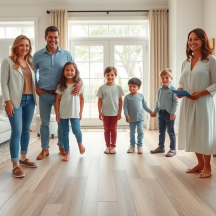 A group of two adults and four children stand smiling together in a bright, modern living room with large windows and wood flooring. Another adult stands nearby holding a bowl, also smiling.