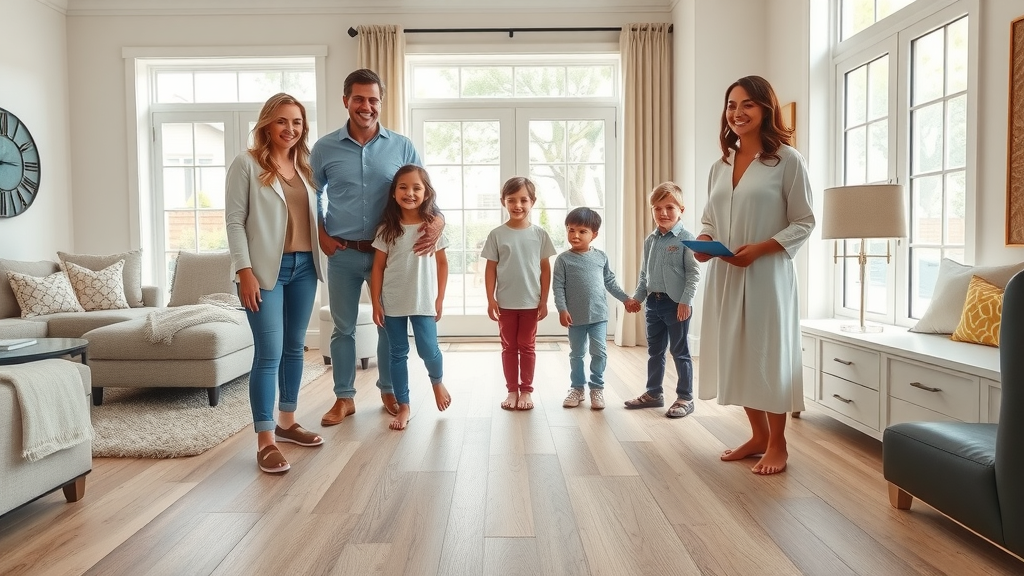 A group of two adults and four children stand smiling together in a bright, modern living room with large windows and wood flooring. Another adult stands nearby holding a bowl, also smiling.