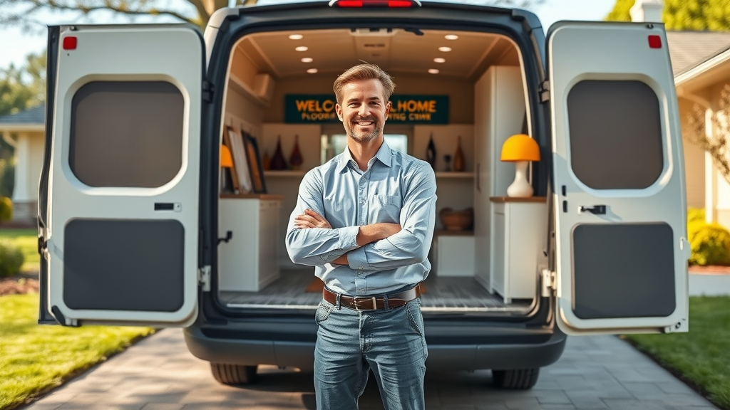 Professional flooring consultant and mobile showroom van in Columbia SC driveway, with open samples and natural sunlight.
