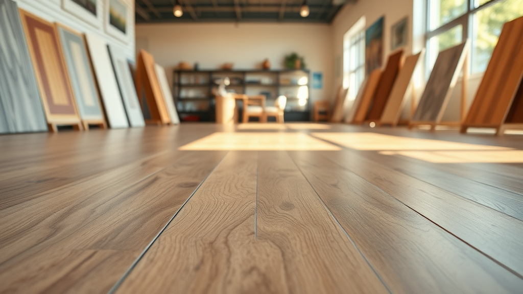 Close-up of luxury vinyl plank flooring samples in a bright modern South Carolina showroom with natural lighting and wood grain texture