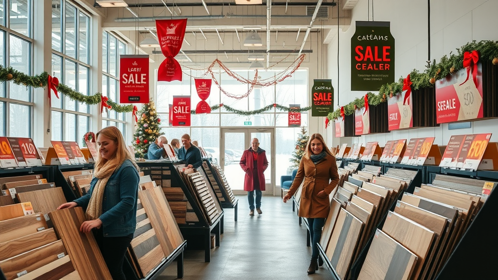 Seasonal flooring showroom in Columbia SC with festive sale banners, customers browsing, and light snowfall visible through windows