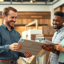 A smiling salesperson shows wood flooring samples to a happy couple in a modern showroom, surrounded by display racks of various wooden planks.