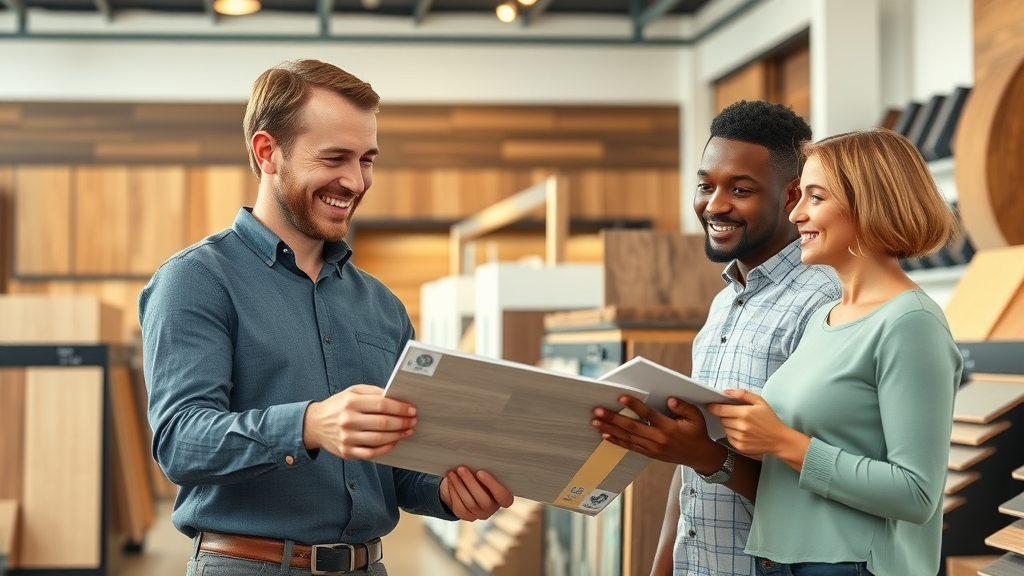 A smiling salesperson shows wood flooring samples to a happy couple in a modern showroom, surrounded by display racks of various wooden planks.