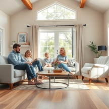 A family of four sits together in a bright, modern living room with large windows, light-colored furniture, and wooden floors, enjoying conversation and leisure time. Plants and framed pictures decorate the space.