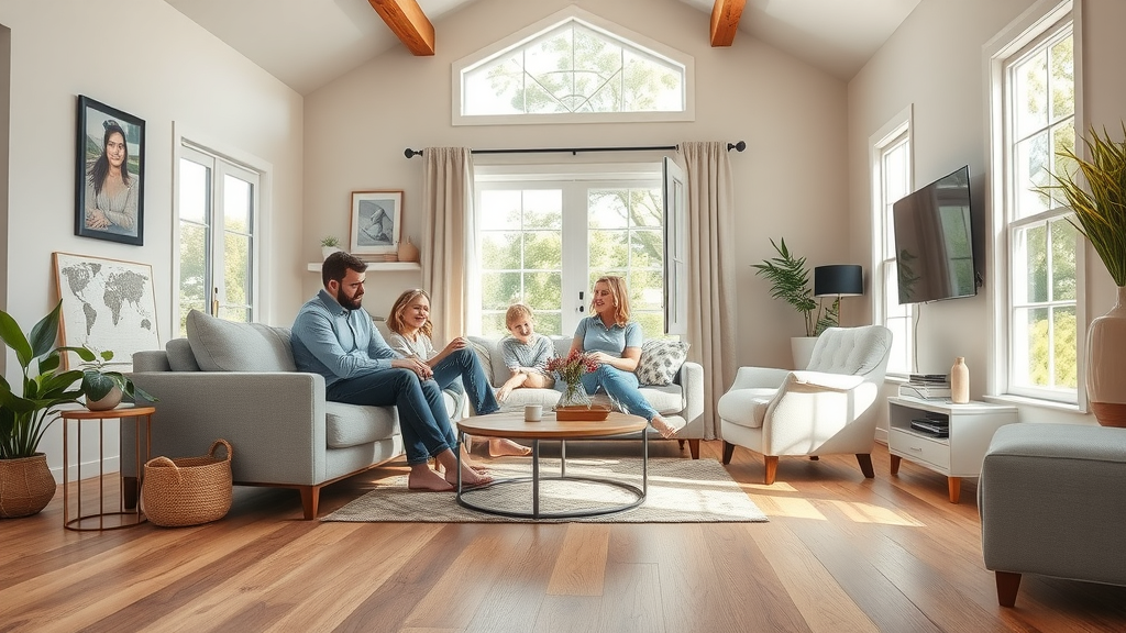 Inviting modern living room with luxury vinyl plank flooring in Columbia SC, warm family, open windows, and natural greenery. Pristine photorealism, rich wood textures.
