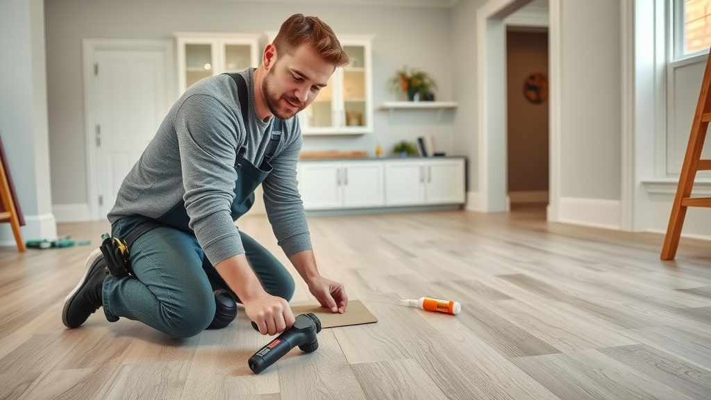 Skilled installer placing vinyl plank flooring in a renovated Columbia SC home, demonstrating affordable flooring installation