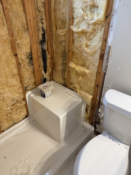 Exposed bathroom wall insulation next to a white toilet and a partially installed shower base during a Bathroom Remodel in Columbia SC. A container sits on the shower step, with visible wall studs and yellow insulation.