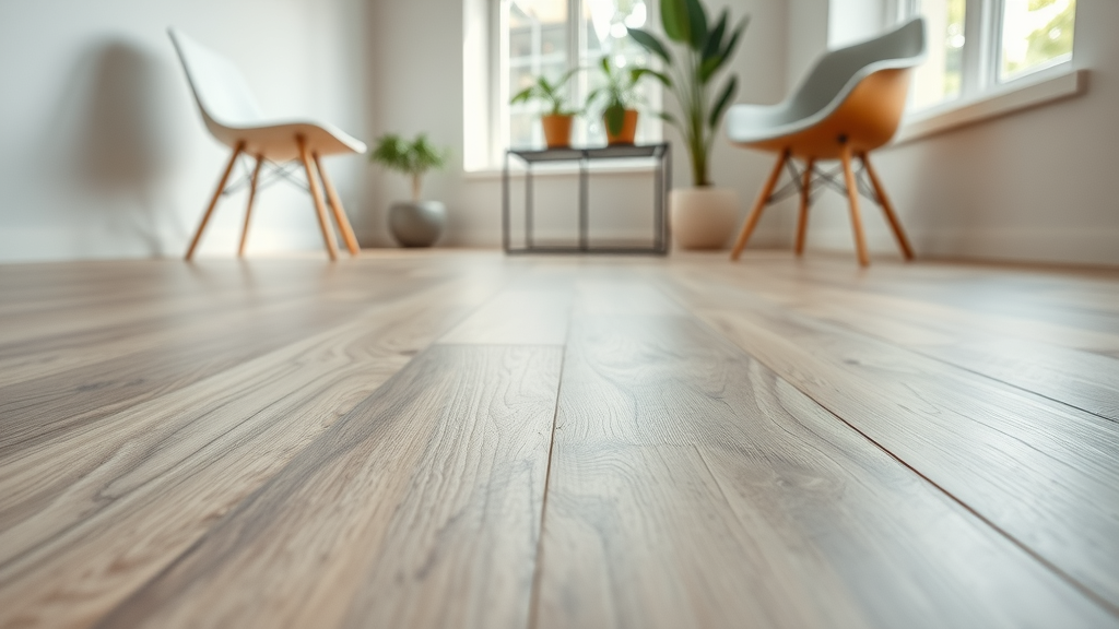 Close-up of modern vinyl plank flooring in Columbia SC, subtle wood texture, seamless transitions, bright daylight.