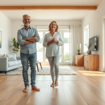 A smiling older couple walks barefoot together in a bright, modern living room with wooden floors, large windows, and contemporary decor.