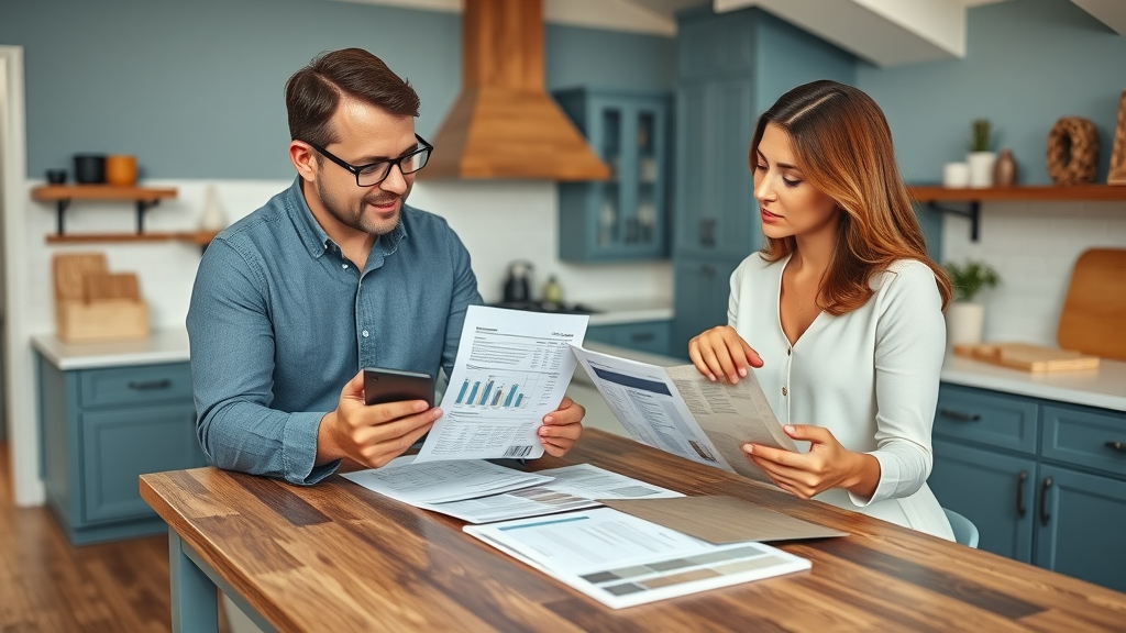 Couple budgeting for flooring installation in Columbia SC, kitchen island, calculators and flooring samples, thoughtful, renovation tools in background.