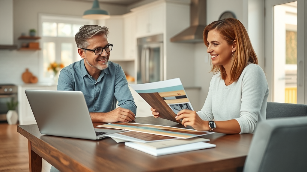 Neatly organized in-home flooring consultation with homeowner and professional discussing designs, flooring contractors columbia sc