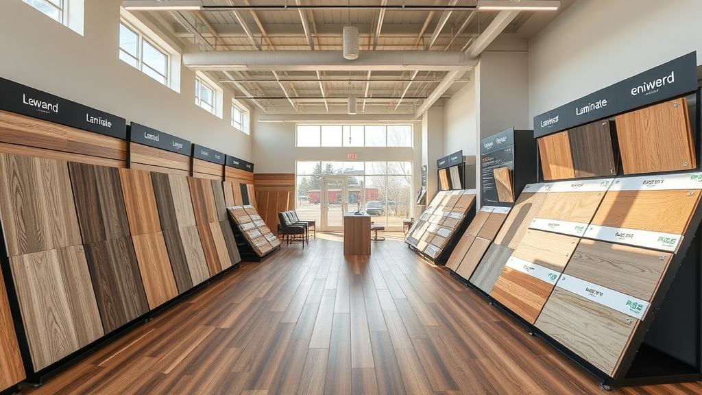 Bright modern flooring showroom in Columbia SC with well-organized samples of vinyl plank, laminate, and engineered hardwood