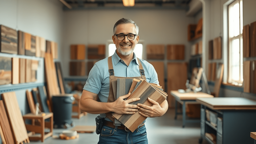 Floor Boys Columbia SC - Friendly flooring specialist with samples in South Carolina workshop, various flooring types on display