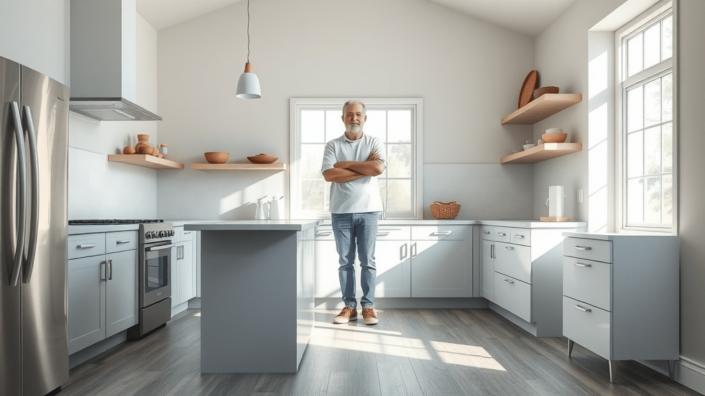 kitchen with waterproof vinyl flooring Columbia SC, homeowner at kitchen counter