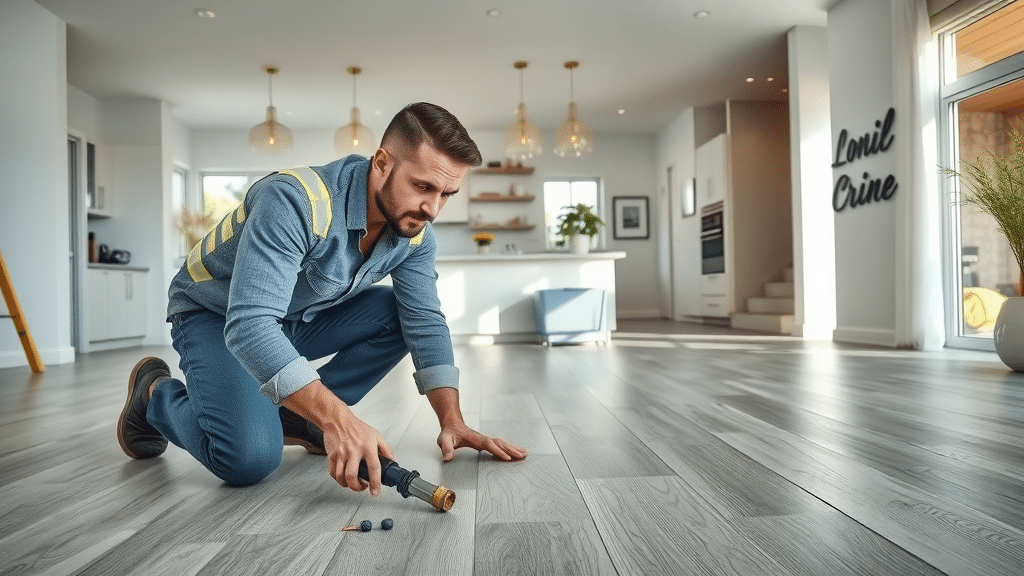 Luxury vinyl plank flooring installation Columbia SC - Technician installing modern vinyl in open concept home