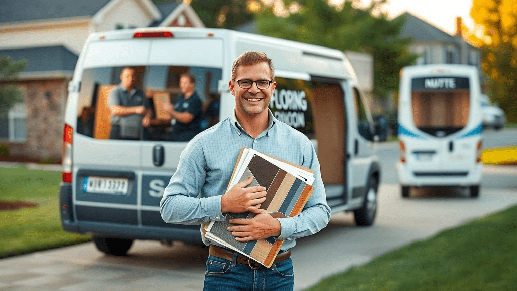 flooring consultant in Columbia SC with mobile showroom van holding flooring samples