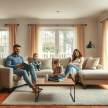 A family of four, two adults and two children, sit together on a light-colored sectional sofa in a bright, spacious living room with large windows, wooden floors, and neutral decor.