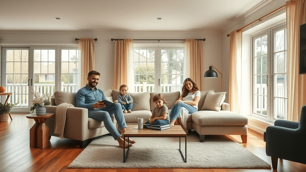 best flooring materials Columbia SC in modern Southern living room with pristine hardwood floors, happy family