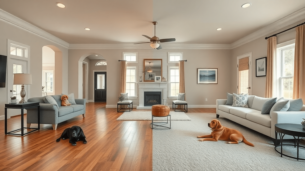 split room in Columbia SC home with classic hardwood flooring on one side, plush carpet on the other, pets on each side