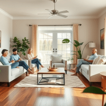 Four adults sit on sofas in a bright, modern living room with large windows, houseplants, and wooden floors. They appear relaxed, reading or talking, with sunlight streaming in through the glass doors.