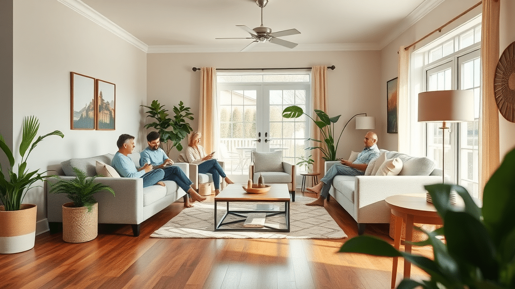 Flooring Repair Columbia SC - Inviting living room with beautifully restored hardwood floors, sunlit, modern South Carolina home, natural light, earth tones