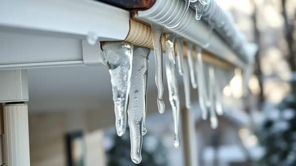 Exterior of Columbia SC home with sagging, damaged gutters and ice buildup—ice storm storm damage risk