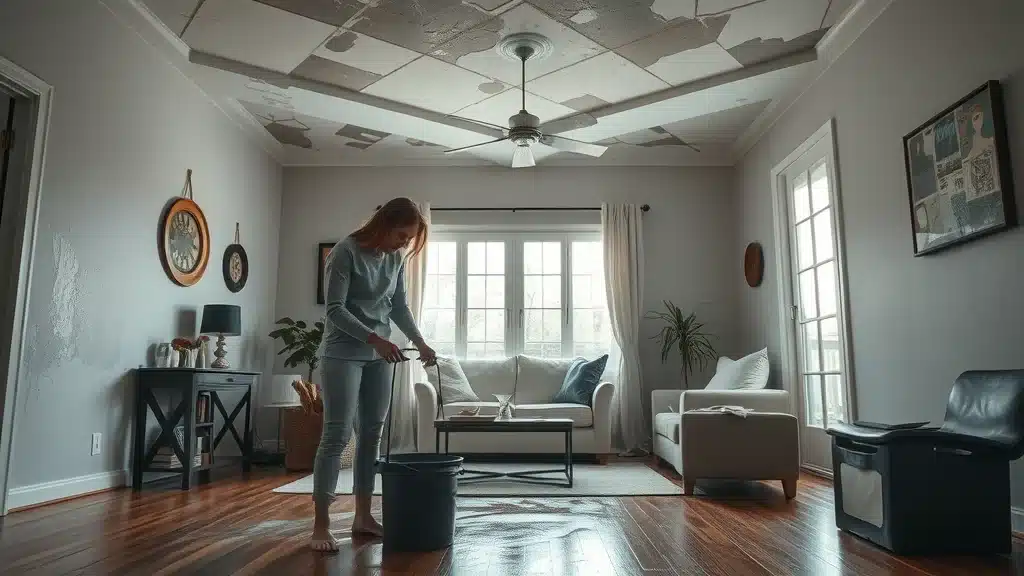 Columbia SC living room interior with water damage — homeowner inspecting wet ceiling and water stains after ice storm