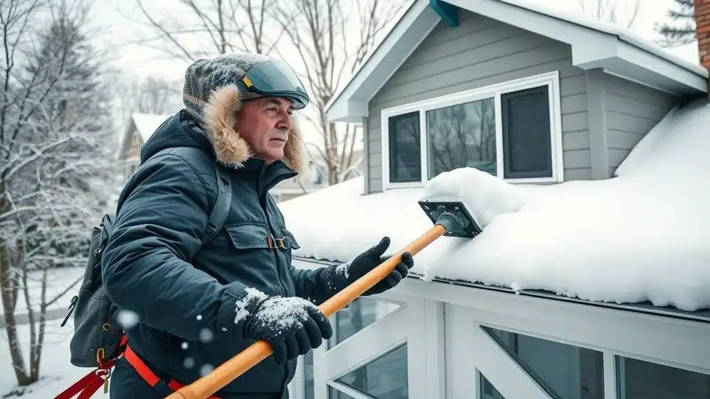 Modern Columbia SC home—homeowner clearing snow from roof after ice storm with safety equipment; protect your home