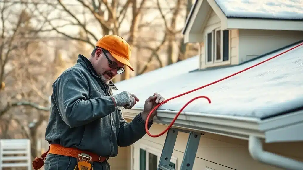 Technician installing heat cables along roof edge—Columbia SC preventive home maintenance for winter storm damage