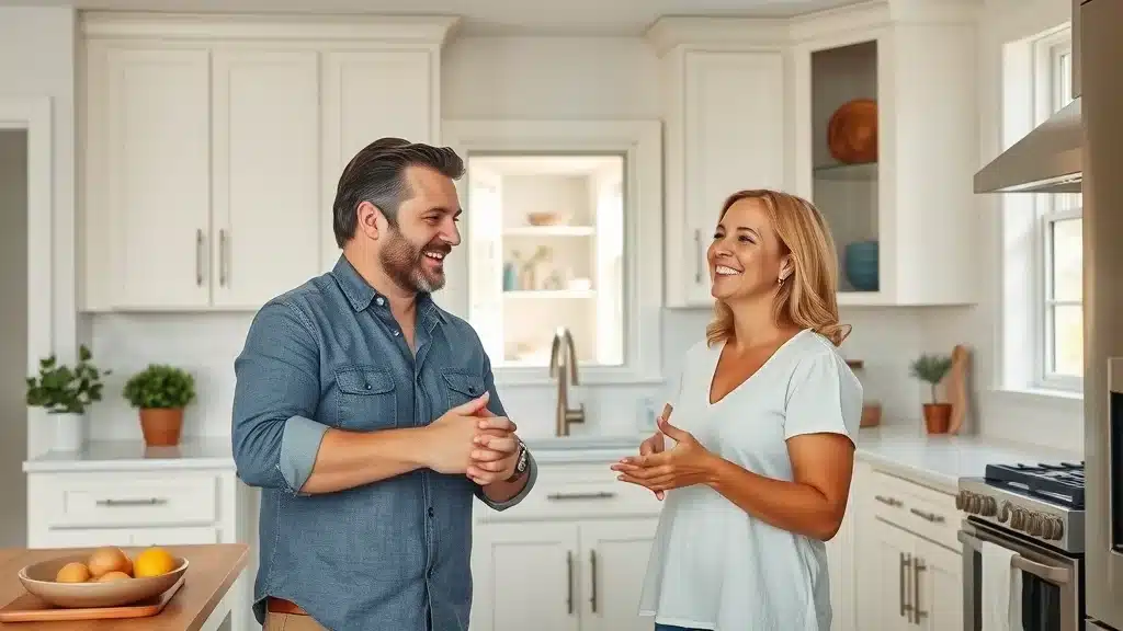 Happy homeowners in remodeled kitchen with Wellborn cabinets from the leading Columbia SC cabinet store