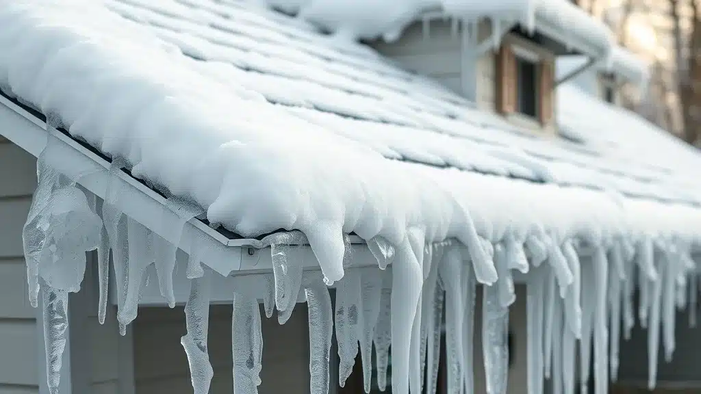 Home’s roof with heavy snow and thick ice dam after ice storm in Columbia SC; snow and ice damage risk to roof and gutters