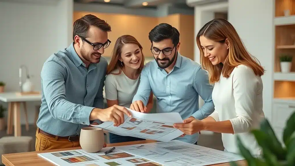 Cabinet store design team collaborating on kitchen remodel plans in Columbia SC