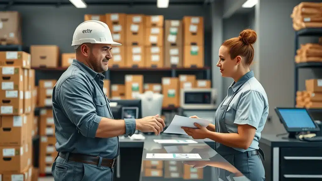 Trade pro service counter at cabinet store, contractor receiving priority support for kitchen cabinet orders in Columbia SC