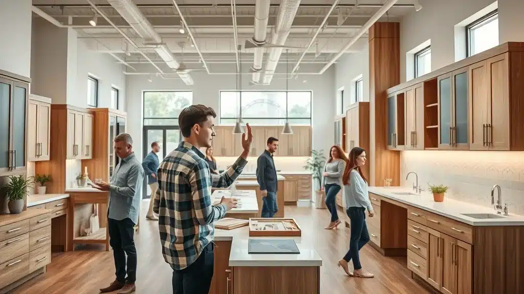 Cabinet store inviting showroom interior with customers exploring kitchen cabinet and design options in Columbia SC