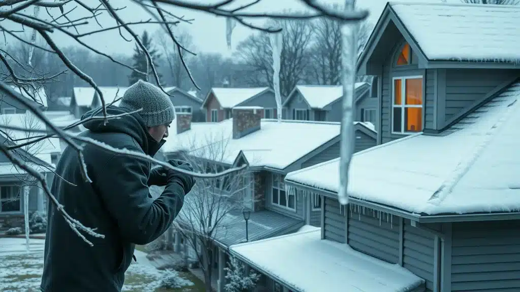 Dramatic suburban home in Columbia, SC — concerned homeowner peering out window, observing heavy ice coating on roof and trees; how can an ice storm lead to home repairs